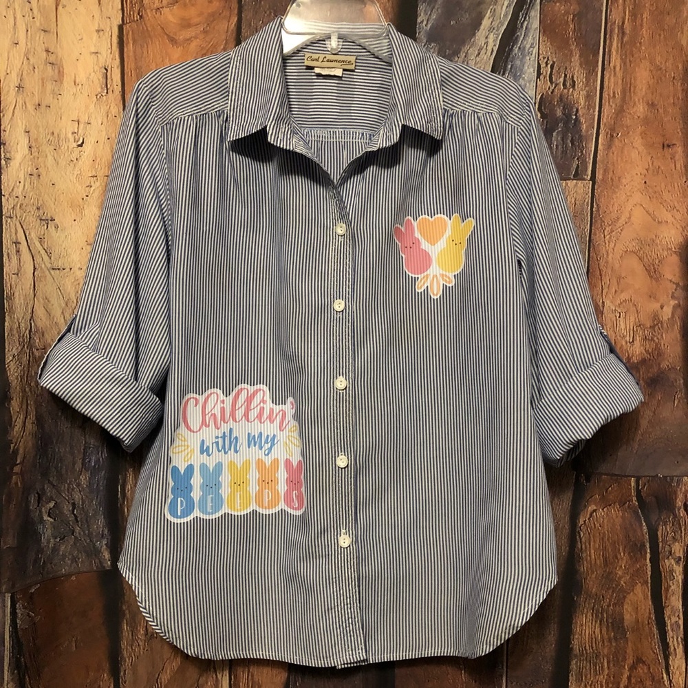 Chillin with my peeps - custom blue and white stripe long sleeve shirt 
Medium M